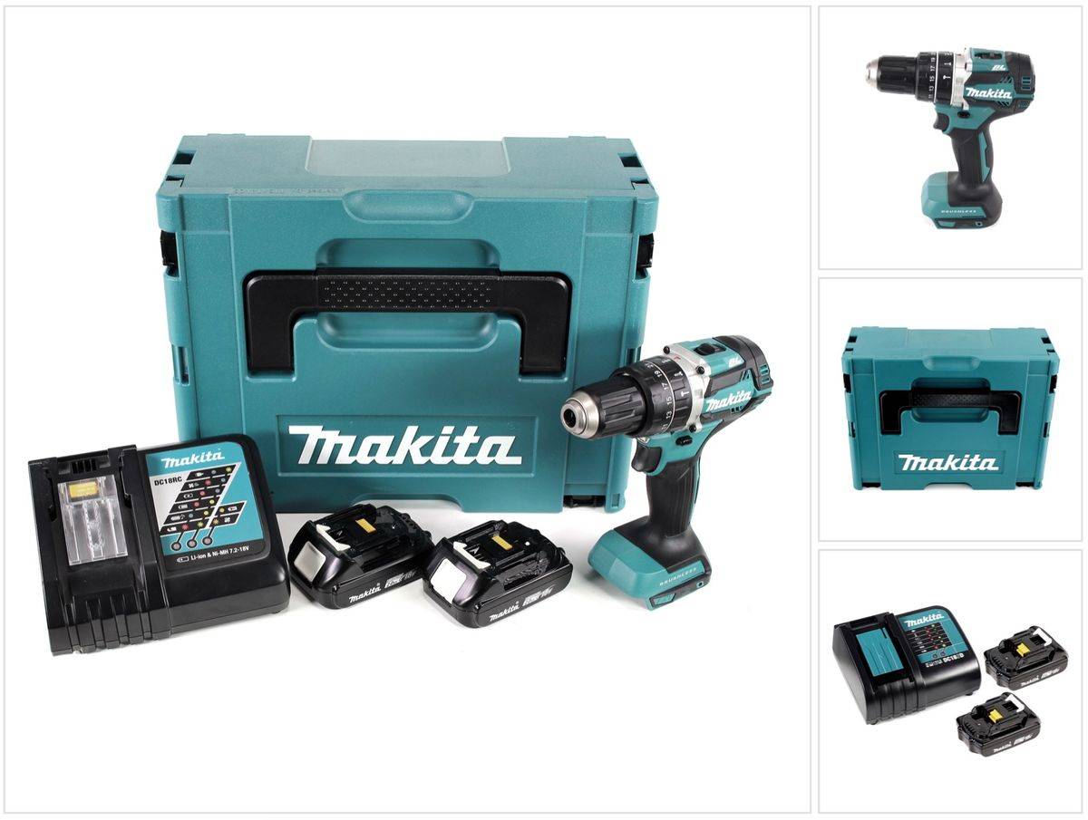 Makita DHP 484 RAJ Akku Schlagbohrschrauber 18 V 54 Nm Brushless + 2x Akku 2,0 Ah + Ladegerät + Makpac