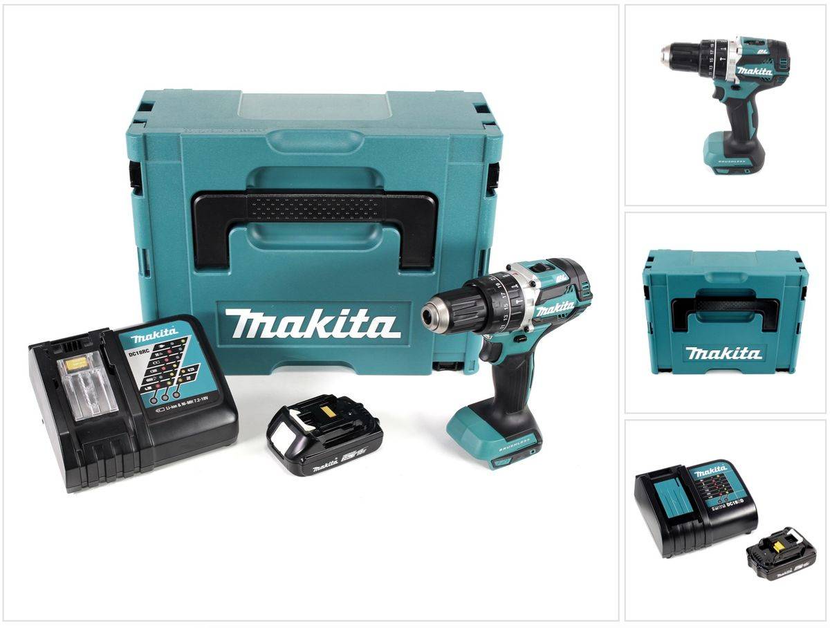 Makita DHP 484 RA1J Akku Schlagbohrschrauber 18 V 54 Nm Brushless + 1x Akku 2,0 Ah + Ladegerät + Makpac