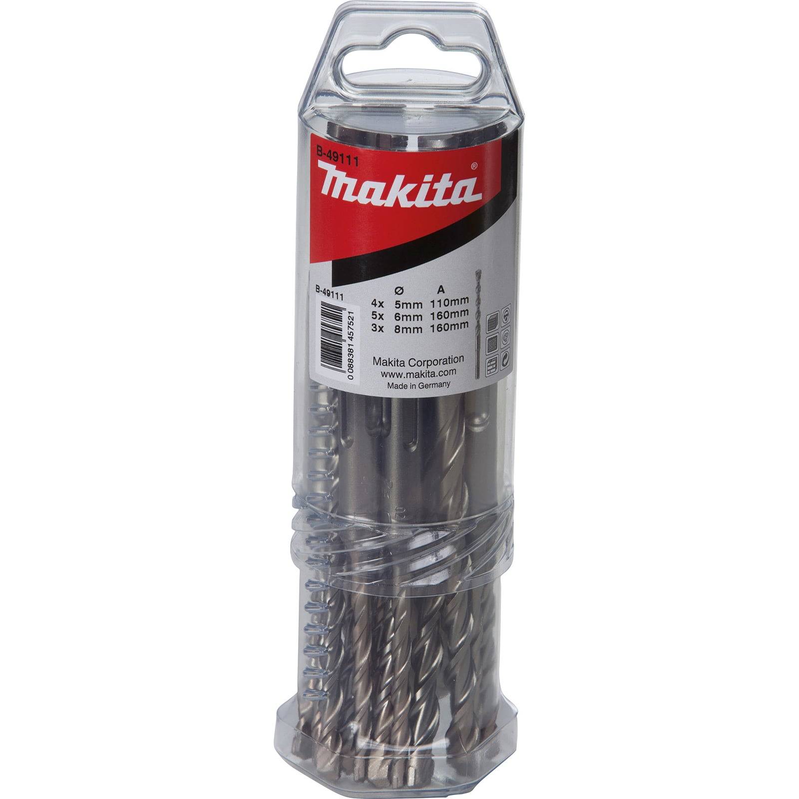 Eine transparente Kunststoffverpackung enthält verschiedene Größen von Makita-Bohrern, die eine Palette von Längen und Durchmessern für unterschiedliche Bohranforderungen aufzeigt.