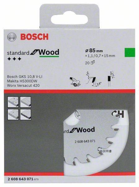 Bosch Ersatz-Kreissägeblatt für Holzschnitt, kompatibel mit 85-mm-Sägen wie der Bosch GKS 10.8 V-LI.