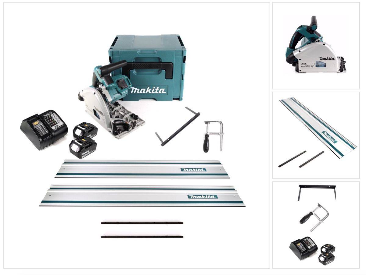 Makita DSP 600 STJ Akku Tauchsäge 36V (2x 18V) Brushless + 2x Führungschiene + Parallelanschlag + Schraubzwingen + Führungsschienenverbinder + 2x