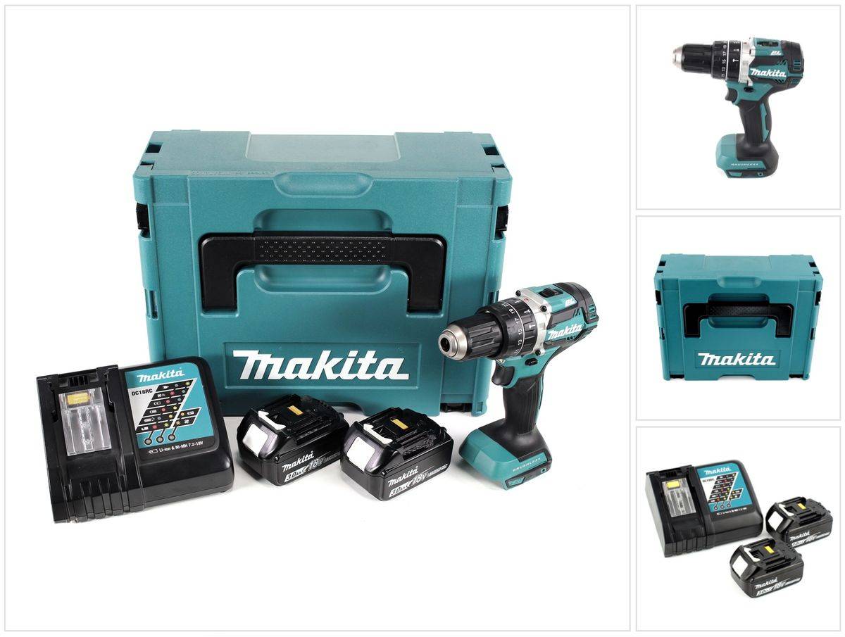 Makita DHP 484 RFJ 18V Li-ion Akku Schlagbohrschrauber im Makpac inkl. 2x 3,0 Ah Akku und Ladegerät