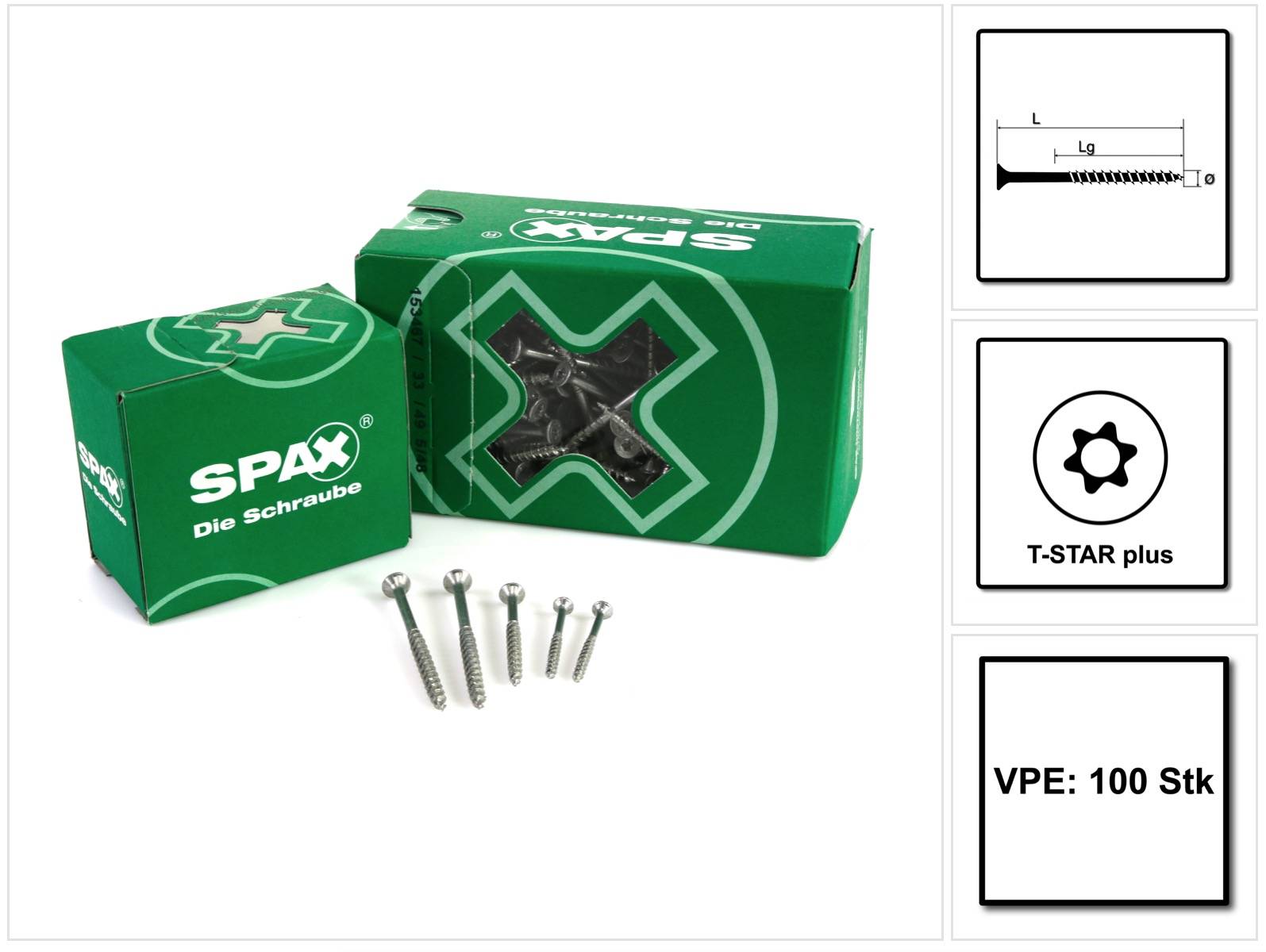 SPAX Universalschraube 5,0 x 60 mm 100 Stk. TORX T-STAR plus T20 WIROX Senkkopf Teilgewinde 4Cut-Spitze 0191010500603