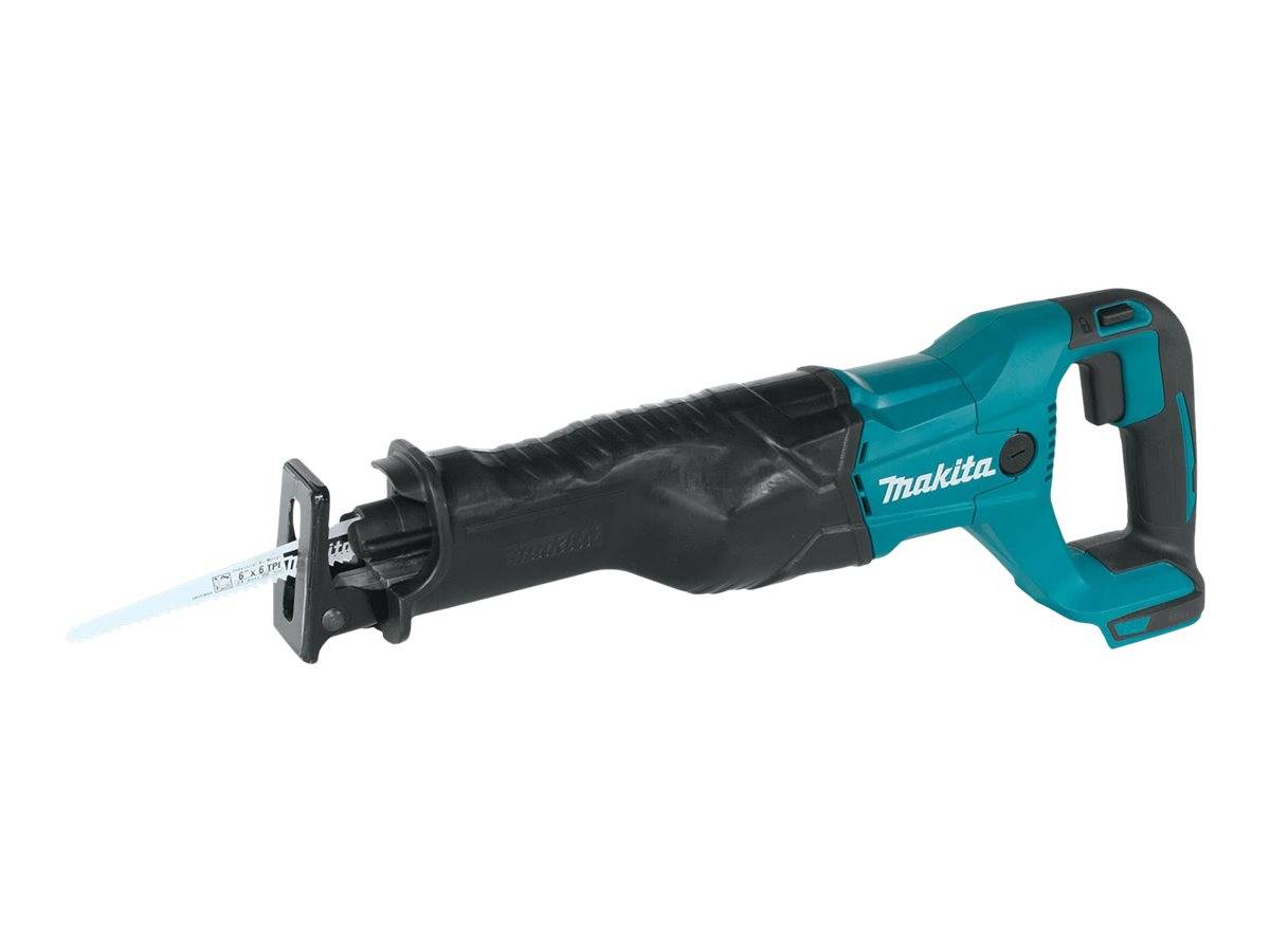 Makita Akku-Säbelsäge mit ausgefahrenem Blatt auf weißem Hintergrund.