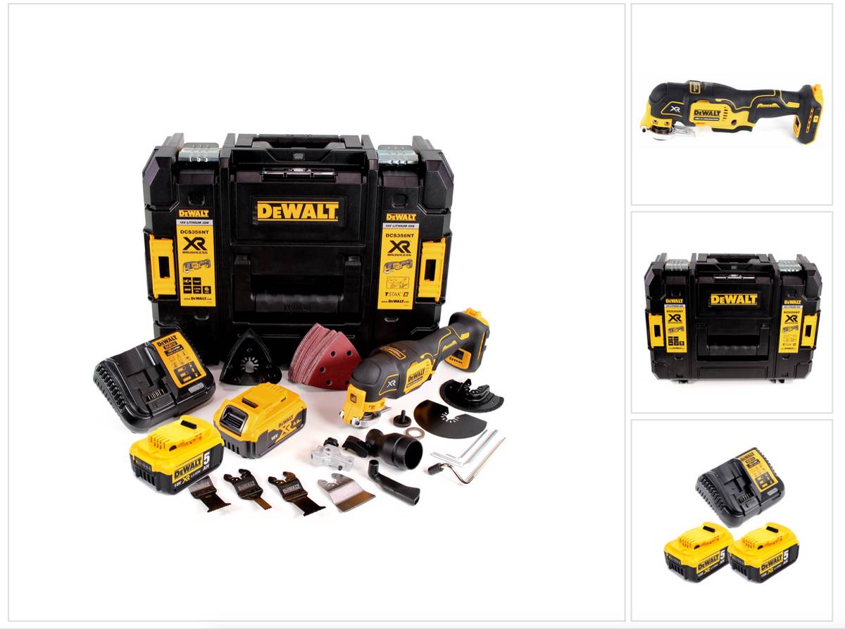 DeWalt DCS 356 P2 Akku Multitool 18V Brushless + 35tlg. Zubehör + 2x Akku 5,0 Ah + Ladegerät + TSTAK