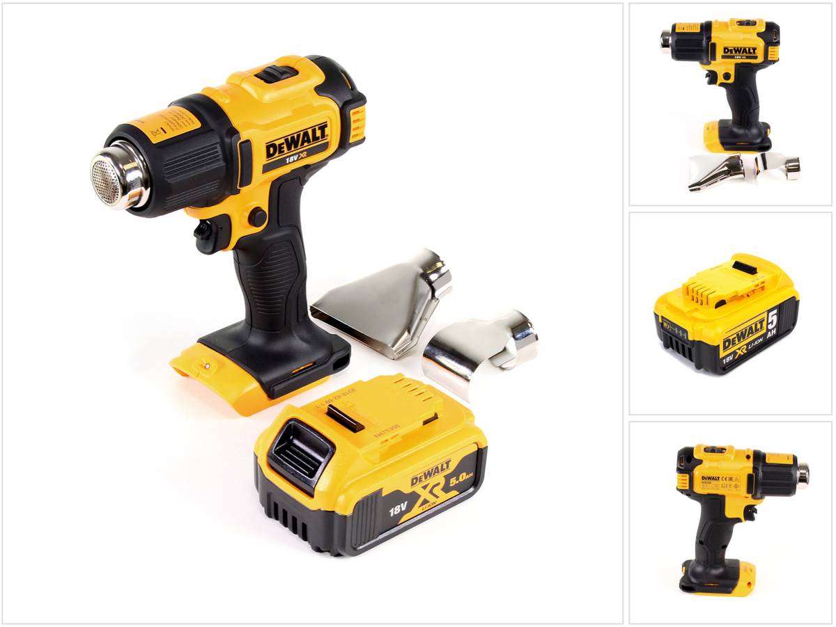 DeWalt DCE 530 N Akku Heißluftpistole 18V 530°C + 1x Akku 5,0Ah + Flächen- und Reflektordüse - ohne Ladegerät