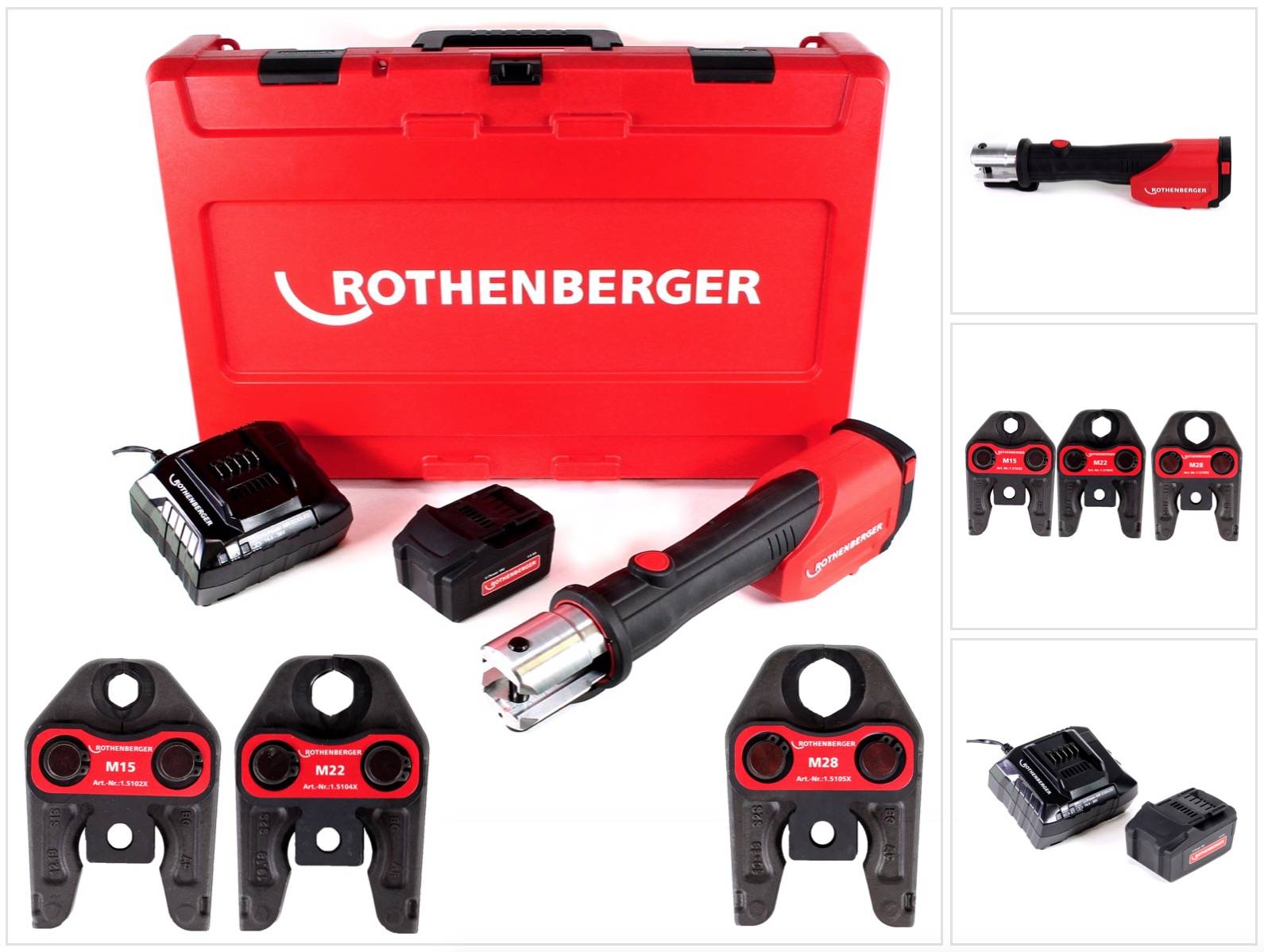 Rothenberger ROMAX 4000 Basic Set Akku Pressmaschine 18V 34 kN + 1x Akku 4,0Ah + Ladegerät + 3x Pressbacken M + Koffer ( 1000001927 )