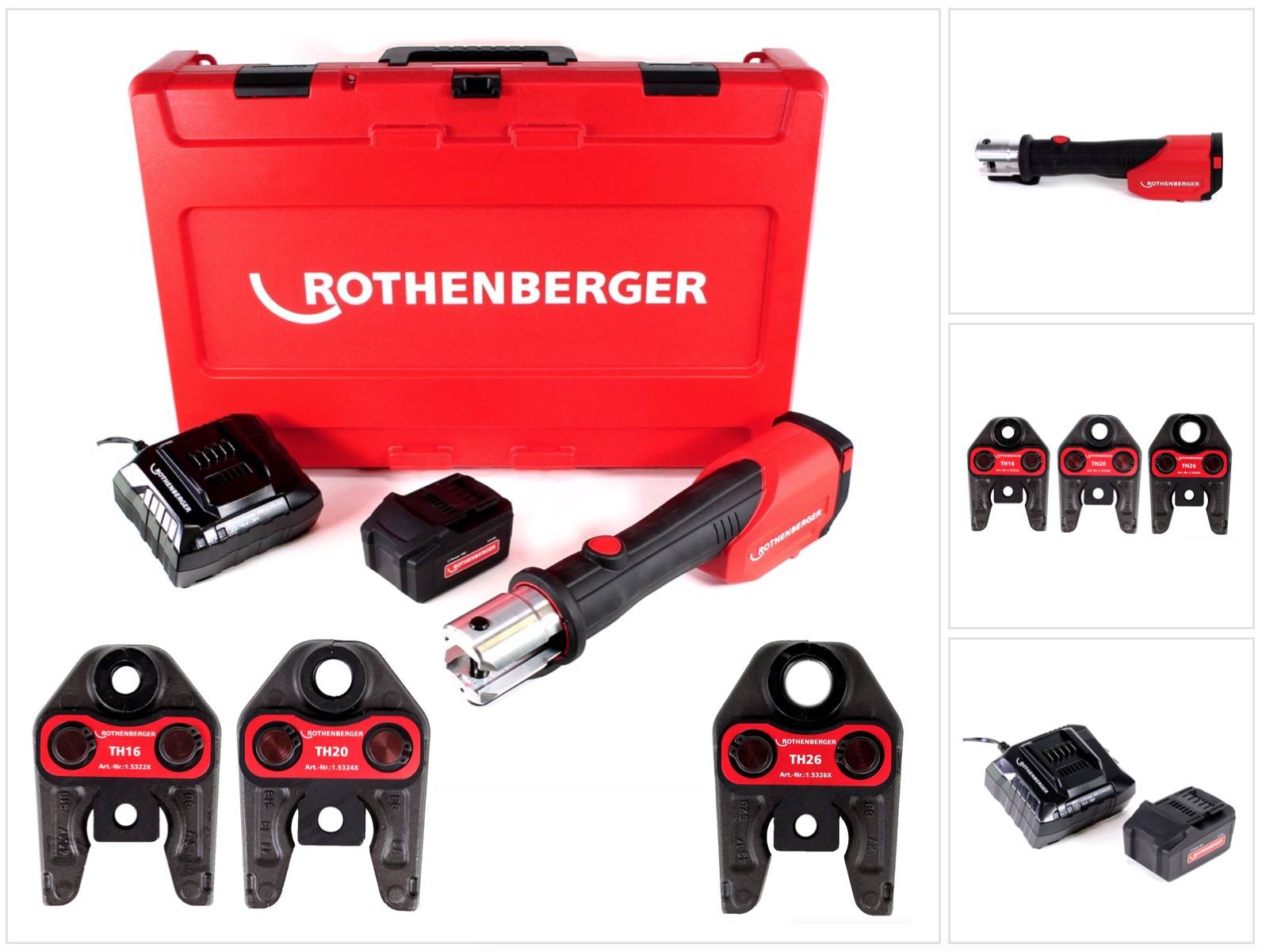 Rothenberger ROMAX 4000 Basic Set Akku Pressmaschine 18V 34kN + 1x Akku 4,0Ah + Ladegerät + 3x Pressbacken TH + Koffer ( 1000001925 )