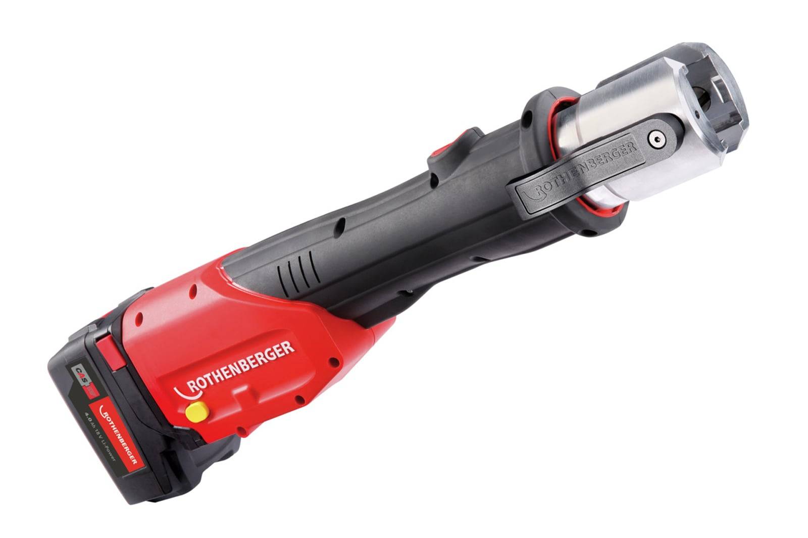 Ein tragbares rotes und schwarzes Elektrowerkzeug mit dem sichtbaren Markennamen 'ROTHENBERGER', das für Rohr- oder Verbindungsanwendungen konzipiert ist.