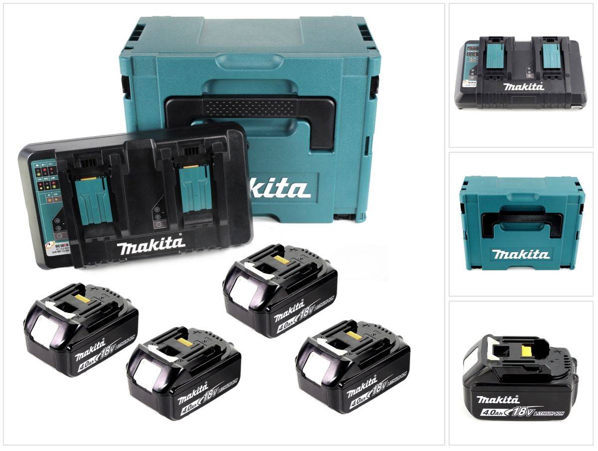 Makita Power Source Kit 18 V mit 4x BL 1840 B Akku 4,0 Ah + DC 18 RD Doppelladegerät ( 197503-4 ) + Makpac