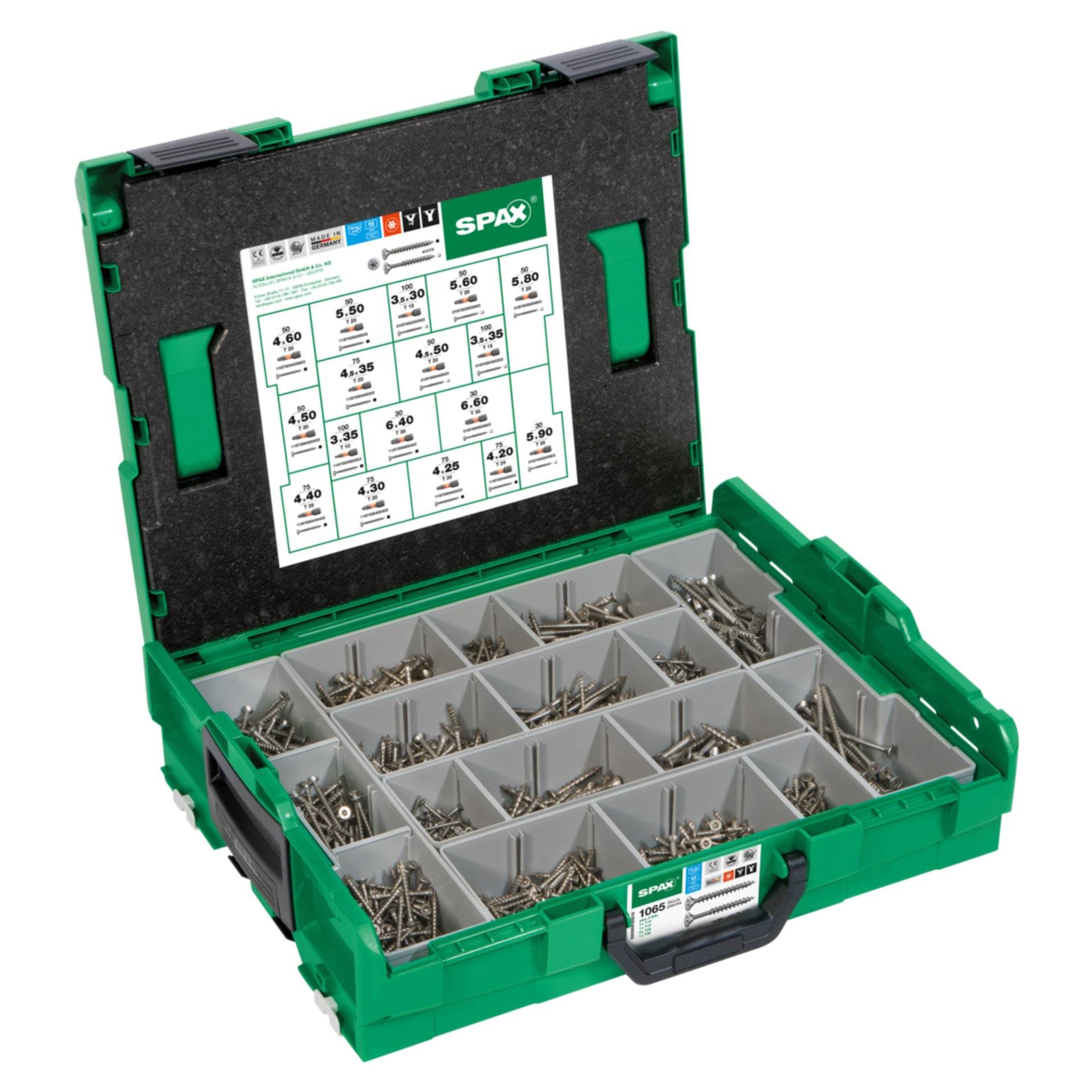 Offener grüner Kunststoff-Organizer mit assortierter Schraubensammlung in beschrifteten Fächern; Diagramm auf dem Deckel listet Schraubengrößen und -typen auf.