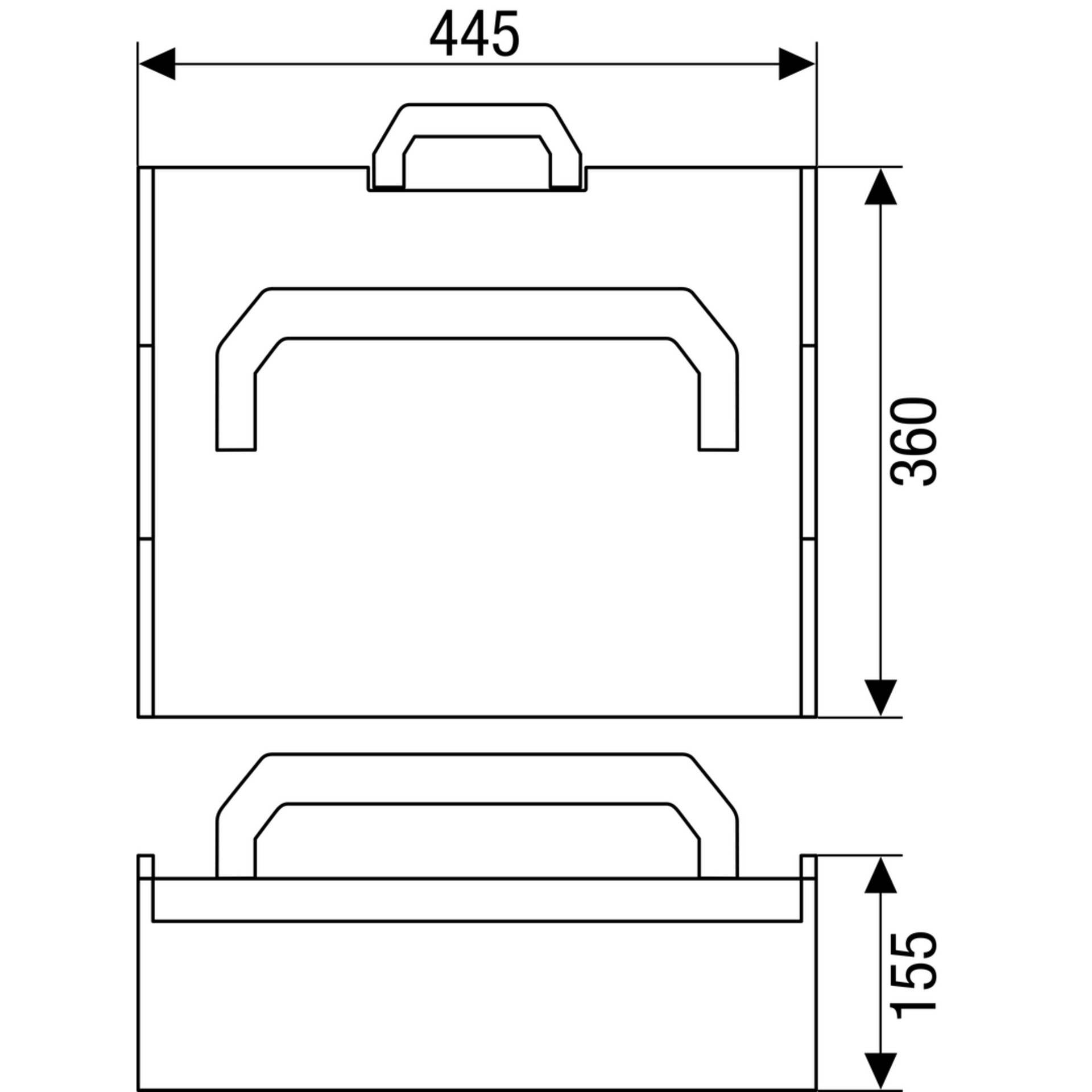 Technische Zeichnung einer Kiste mit Griff, mit folgenden Abmessungen: 445 mm breit, 360 mm hoch. Seitenansicht Höhe: 155 mm.