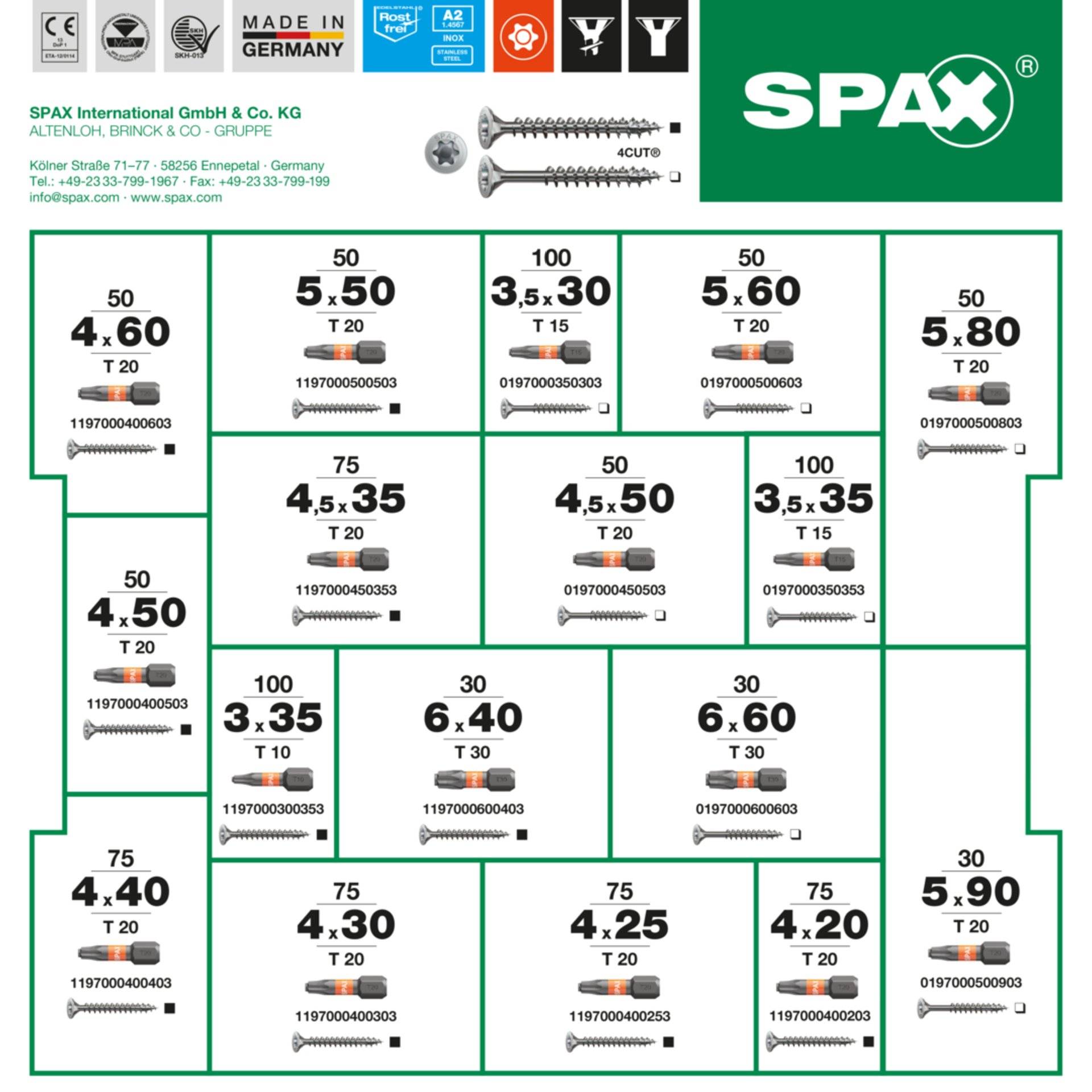 Preisliste für SPAX-Schrauben mit verschiedenen Preisen und Größen. Umfasst Torx-Antriebe T15 und T20, mit Abmessungen 4,5 x 40 mm bis 5 x 50 mm. Hergestellt in Deutschland.