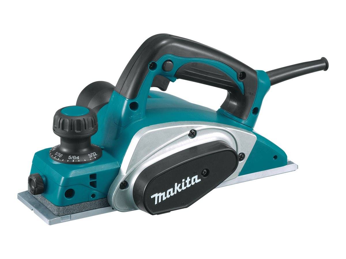 Ein Elektro-Handhobel von Makita mit Gehäuse in Grün und Schwarz, seitlichem Griff und Stromkabel, gezeigt auf weißem Hintergrund.