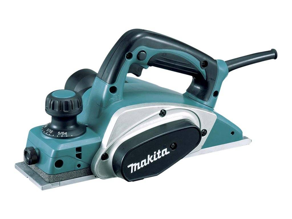 Makita elektrischer Handhobel mit blaugrünem Gehäuse, schwarzem Griff und Stromkabel, auf weißem Hintergrund gezeigt.