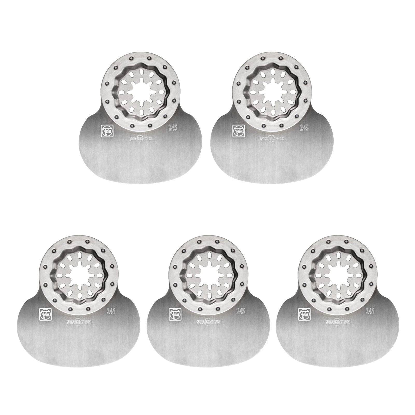 Fünf Stahl-Oszillationsmultitool-Klingen sind in einem symmetrischen Raster angeordnet. Jede Klinge verfügt über eine gezahnte Kante und ein zentrales Loch.