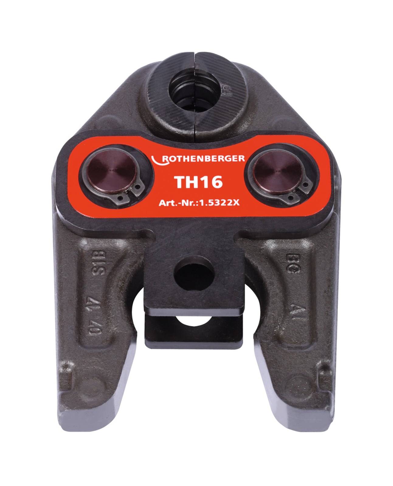 Ein Metallpressgerät mit der Bezeichnung ‚Rothenberger TH16', verwendet zum Crimpen von Rohren, das seine Backenzangen und Identifikationsdetails zeigt.