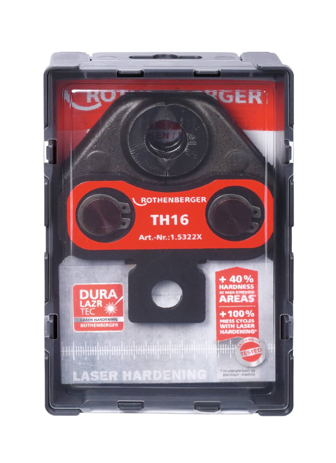 ROTHENBERGER TH16' Werkzeugverpackung zeigt Merkmale: '+40% Härte an Endbereichen', '+100% Presszyklen', 'Lasergehärtung'.