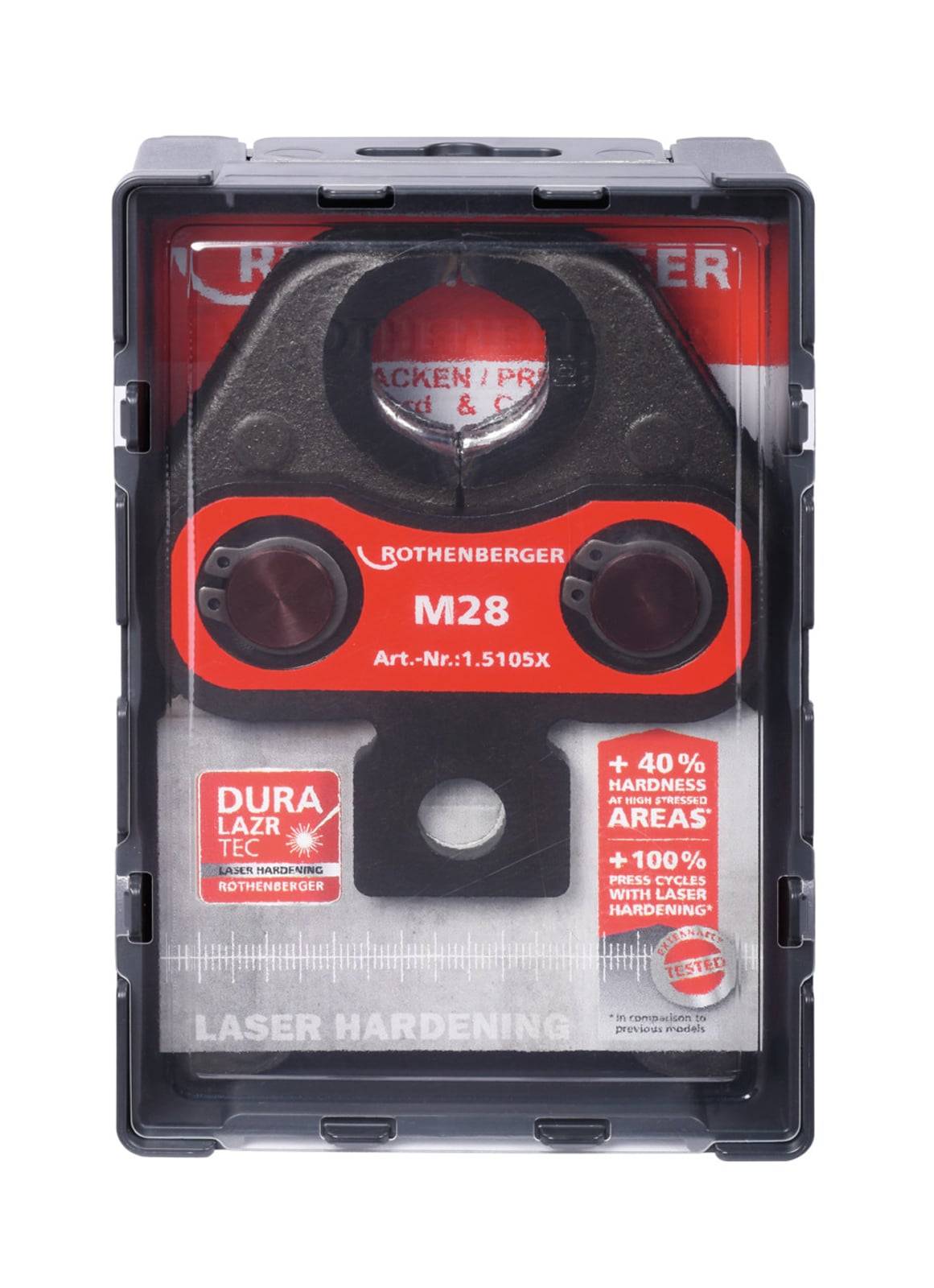 M28 Rothenberger' Aufsatz in einem Koffer, gekennzeichnet mit 'Dura Laser Tech', '+40% Härte' und '+100% Lebensdauer'.