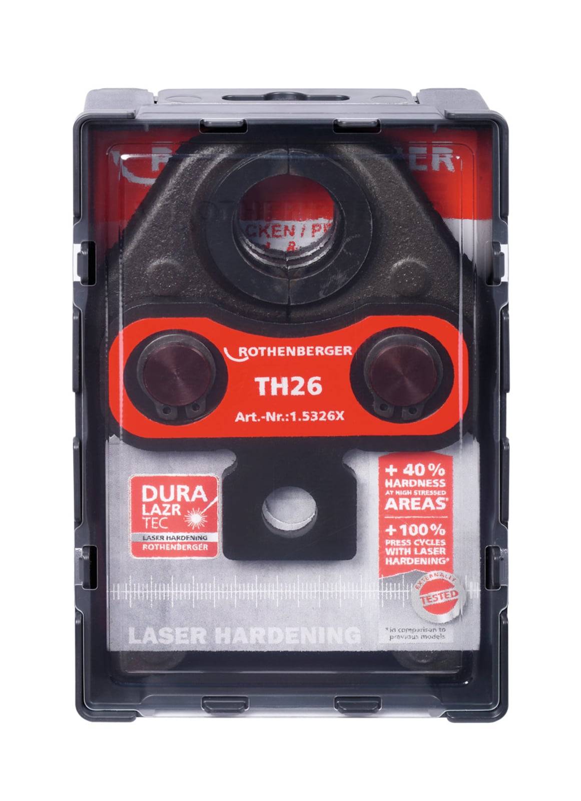 Ein roter Laser-Nivellierwerkzeug von Rothenberger, Modell TH26, in Verpackung. Betont Laserhärtetechnologie, Haltbarkeit und Präzision.