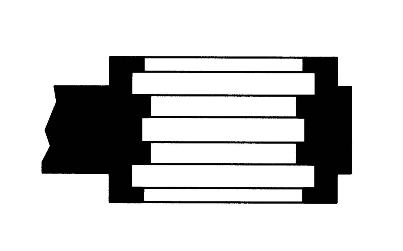 Ein schwarz-weißes abstraktes Design mit horizontalen weißen Streifen in einem schwarzen rechteckigen Rahmen.