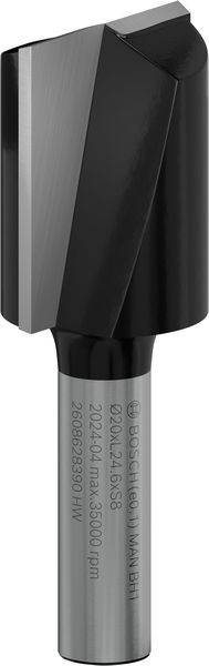 Nahaufnahme eines Metallbohrers mit einer scharfen, dreieckigen Schneidekante. Der Bohrer ist an eine graue zylindrische Basis angeschlossen.