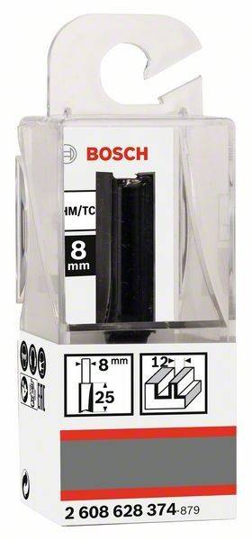 Eine Bosch-Fräserspitze-Verpackung zeigt einen 8-mm-Schaftdurchmesser und 25 mm Schnitttiefe. Das Bild enthält sowohl visuelle Details als auch schematische Informationen.