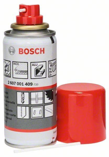 Eine Dose mit Bosch-Schmierspray mit rotem Deckel, auf der Symbole für verschiedene Anwendungen wie Nähmaschinen, Rasierapparate und Scheren abgebildet sind.