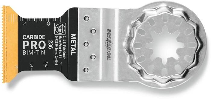 Oszillierende Sägeblatt mit Hartmetall Pro BIM-TIN und Metallschneideetiketten, auf weißem Hintergrund dargestellt.
