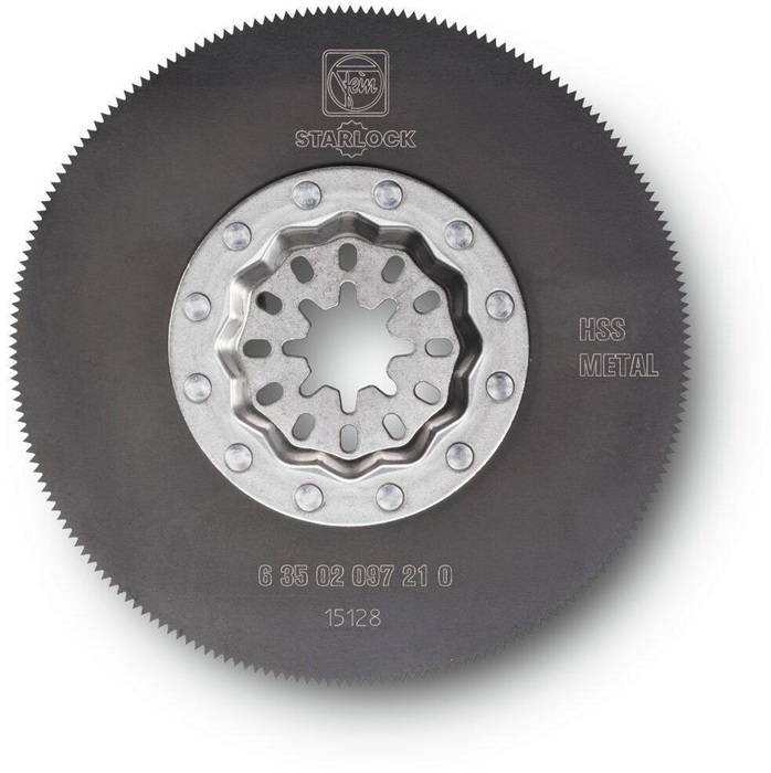 Runde schwarze HSS-Metallsägeblatt mit STARLOCK-Zentrieraufnahmeflansch und gezahntem Rand, von vorne auf weißem Hintergrund dargestellt.