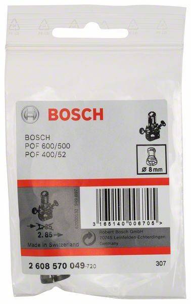 Verpackung mit 'BOSCH' Logo, Modell POF 600/500 und POF 400/52. Abbildung eines Fräserteils mit Dimension 'Ø 8 mm'.