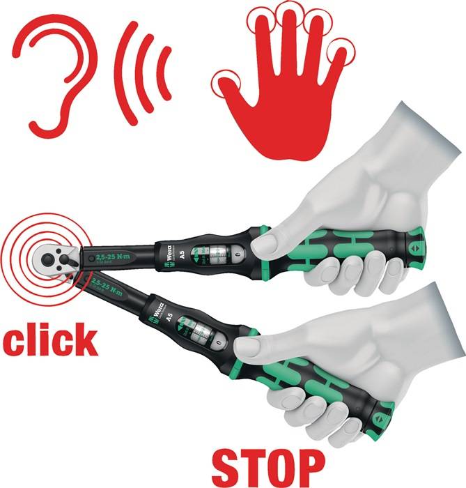 Bild zeigt zwei Hände, die einen Drehmomentschlüssel verwenden. Symbole deuten auf Audioreize und Handbewegungen hin, die anzeigen, wann das richtige Drehmoment erreicht ist.