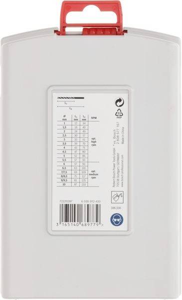 Produktverpackung mit detaillierter Bohrereinsatz-Größentabelle mit Messungen in Millimetern und empfohlenen Umdrehungen pro Minute (U/min)