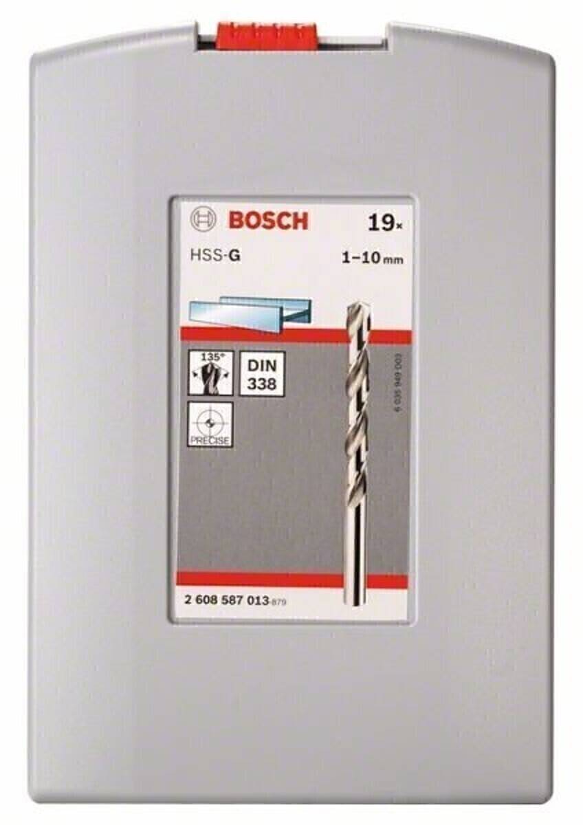 Bosch HSS-G Bohrerset, 19-teilig, Größen 1-10 mm. Merkmale umfassen einen 135°-Spitzenwinkel und Konformität mit der DIN 338-Norm.