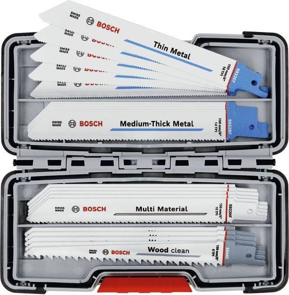 Bosch-Sägeblatt-Set in einem Kunststoffkoffer mit beschrifteten Blättern für Dünnmetall, Dickmetall, Multimaterial und sauberes Holzschneiden.