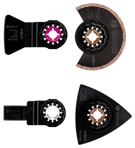 Drei Bosch-Multitool-Klingen: eine Holz-Metall-Klinge mit der Aufschrift ‚Hard Wood', eine Keramikfliesen-Klinge und eine Präzisionsklinge mit der Bezeichnung ‚Wood Metal'.