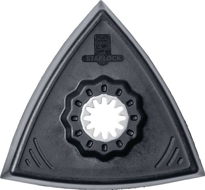 Schwarzes dreieckiges oszillierendes Multi-Tool-Schleifpad mit zentrierter weißer sternförmiger Befestigung und 