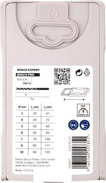 Verpackung eines Bosch Expert Produkts mit QR-Code, PAP 22 Recycling-Symbol, Durchmesser- und Längenangaben in Millimetern.