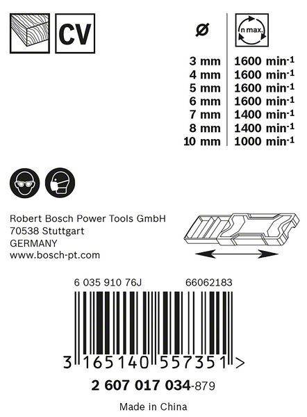 Ersatzteilzeichnung von Bosch Power Tools, zeigt Größen (3 mm bis 10 mm) mit entsprechenden Drehzahlen (1000 min⁻¹ bis 1600 min⁻¹). Enthält Unternehmenskontaktdaten und Barcode.
