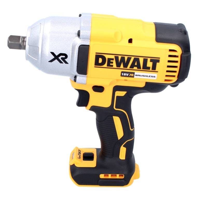 Ein gelb-schwarzer DeWalt XR 18V bürstenloser Leistungswerker mit metallischer Schnellspannbohrfutter, konzipiert für robuste Befestigungsanwendungen.