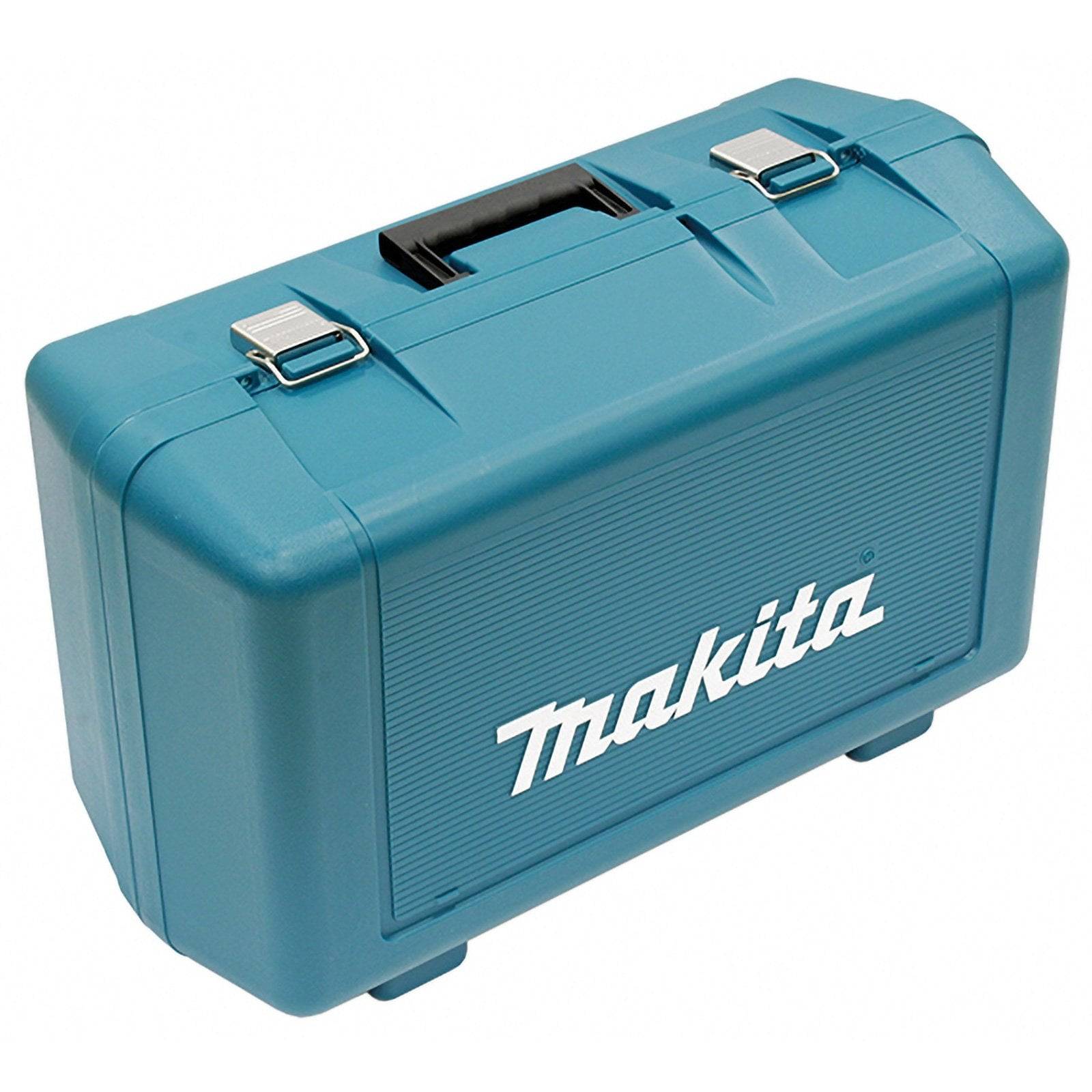 Eine blaue Makita Werkzeugbox mit Griff und Metallverschlüssen.