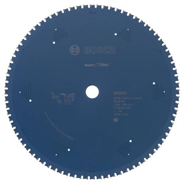 Kreissägeblatt von 'Bosch', für Metall konzipiert, mit blauer Oberfläche und zahlreichen feinen Zähnen am Rand.