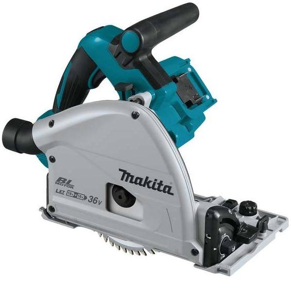 Akku-Kreissäge mit petrol-blauer und silberner Designoptik, Markenname sichtbar. Mit ergonomischen Griffen und Klingenanpassungsfunktionen ausgestattet.