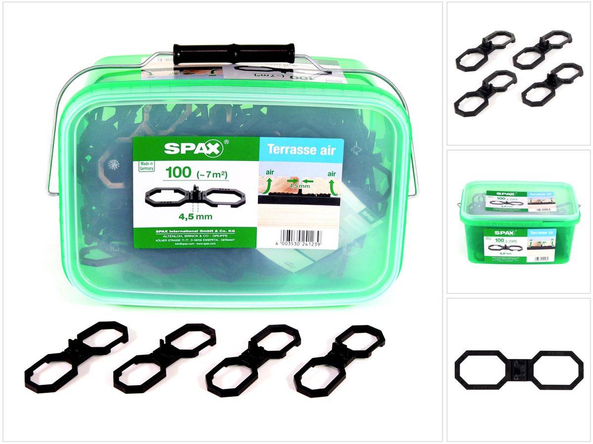 SPAX Terasse Air Abstandshalter 4,5 mm Belüftung für Holzdielen Terasse L 100 Stück in Henkelbox ( 5009422545009 )