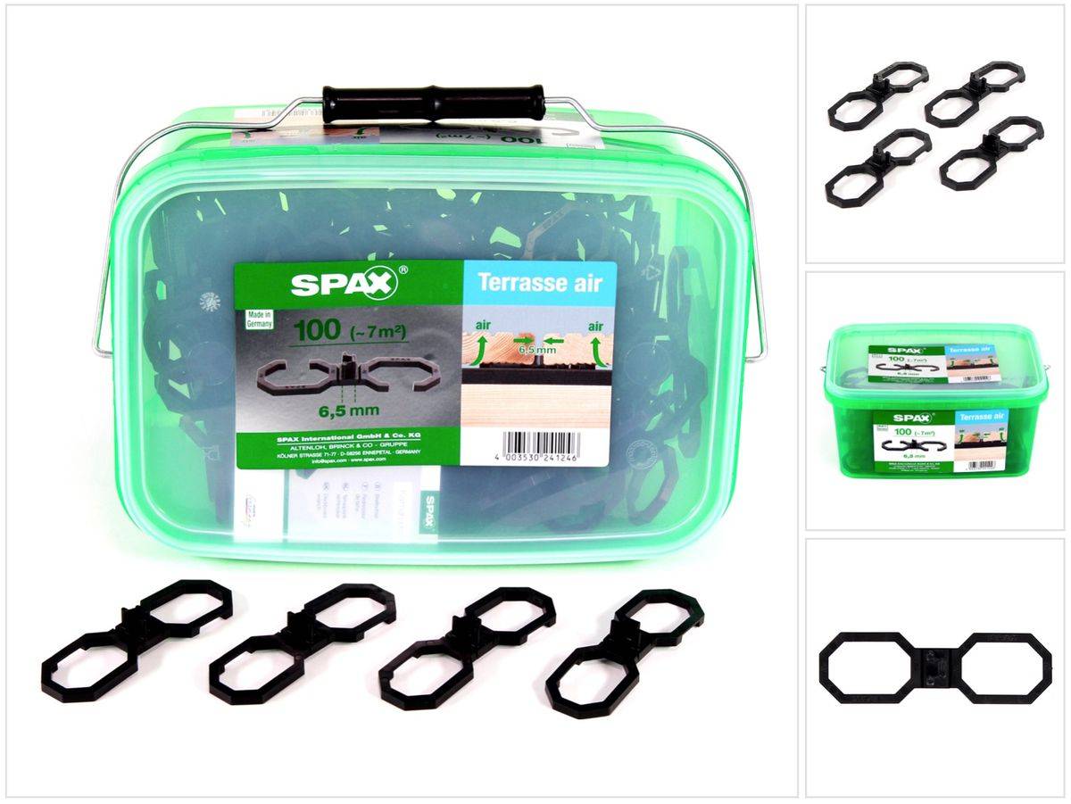 SPAX Terasse Air Abstandshalter 6,5 mm Belüftung für Holzdielen Terasse L 100 Stück in Henkelbox ( 5009422565009 )
