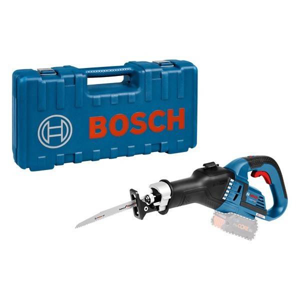 Ein Bosch-Säbelsäge mit blau-rotem Design, inklusive passender Transporttasche.