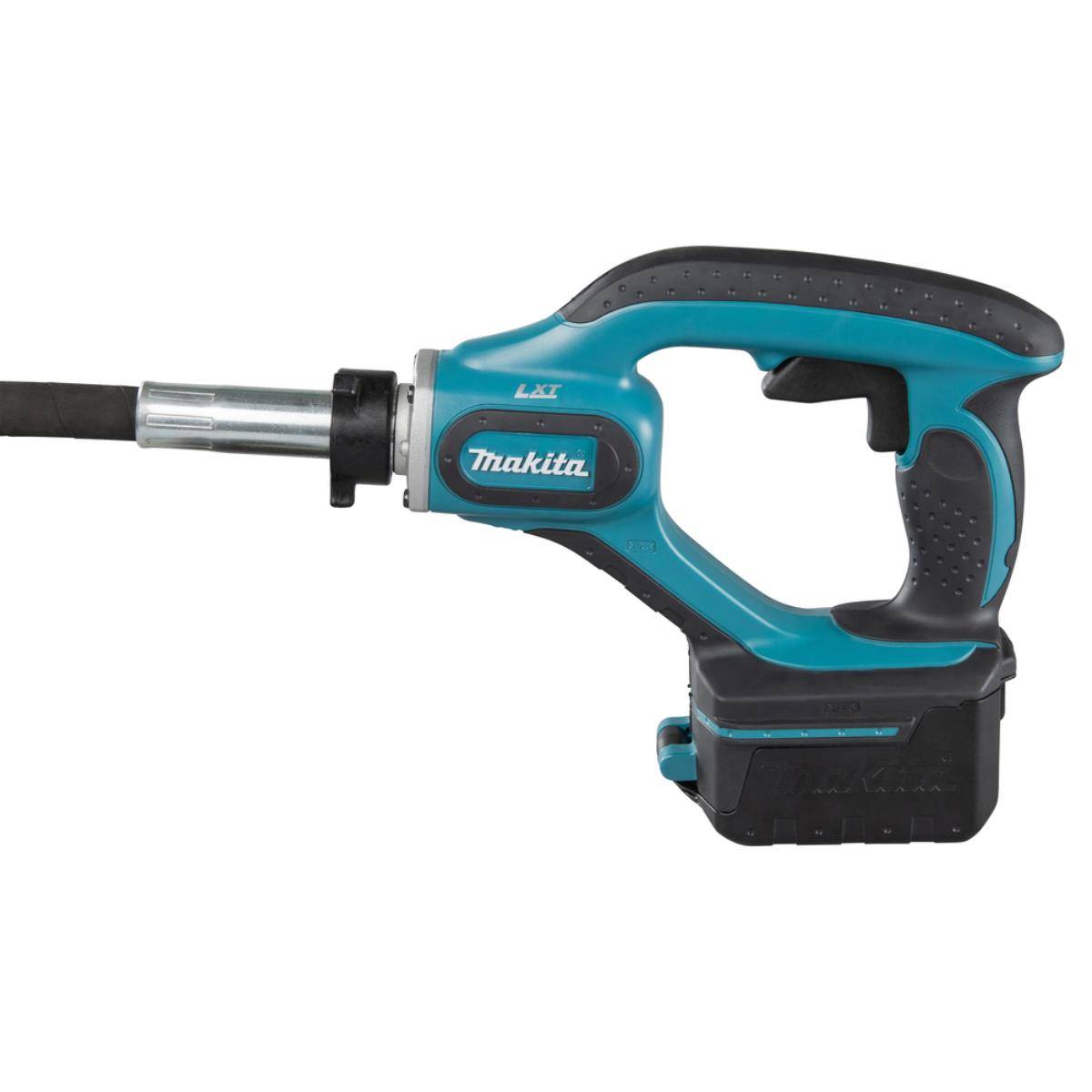Makita Elektro-Abbruchhammer mit Seitenhalt und Akkupack, in Profilansicht auf weißem Hintergrund dargestellt.