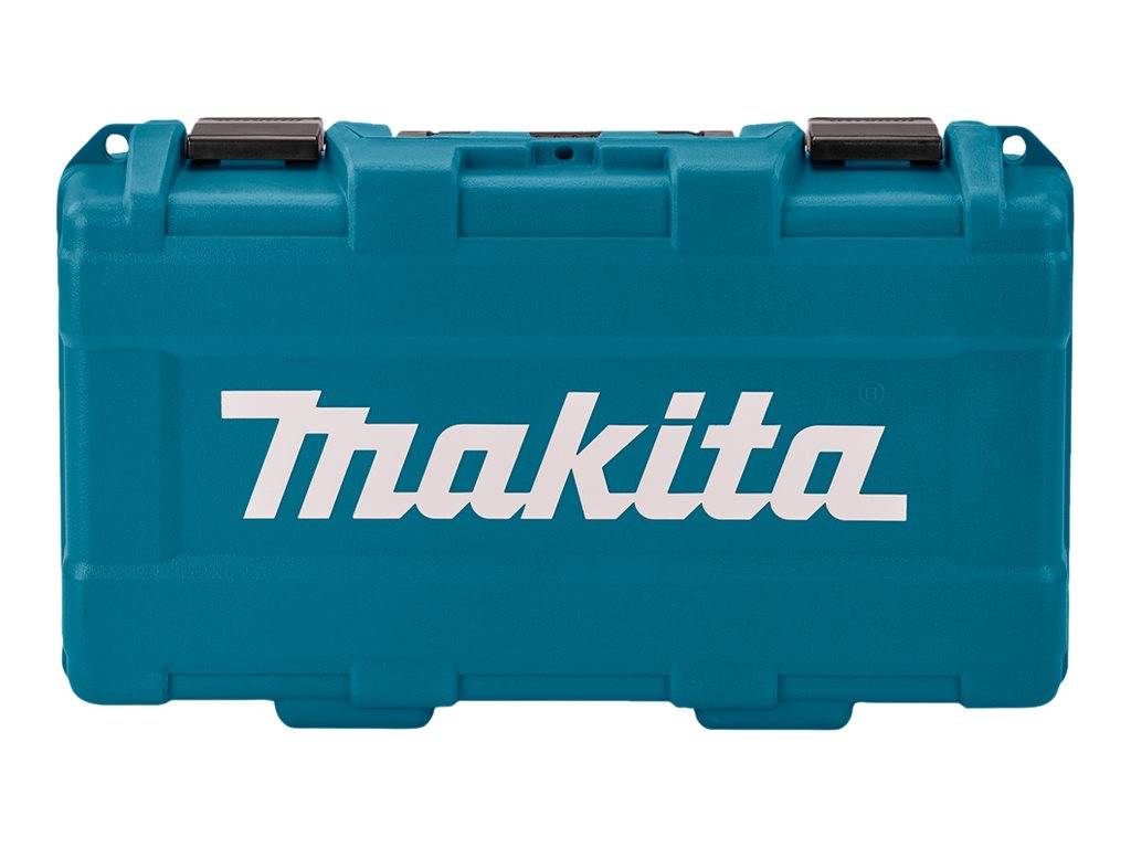 Türkisfarbener Makita-Hartkunststoff-Transportkoffer mit Makita-Logo auf der Vorderseite und schwarzen Verschlüssen oben.