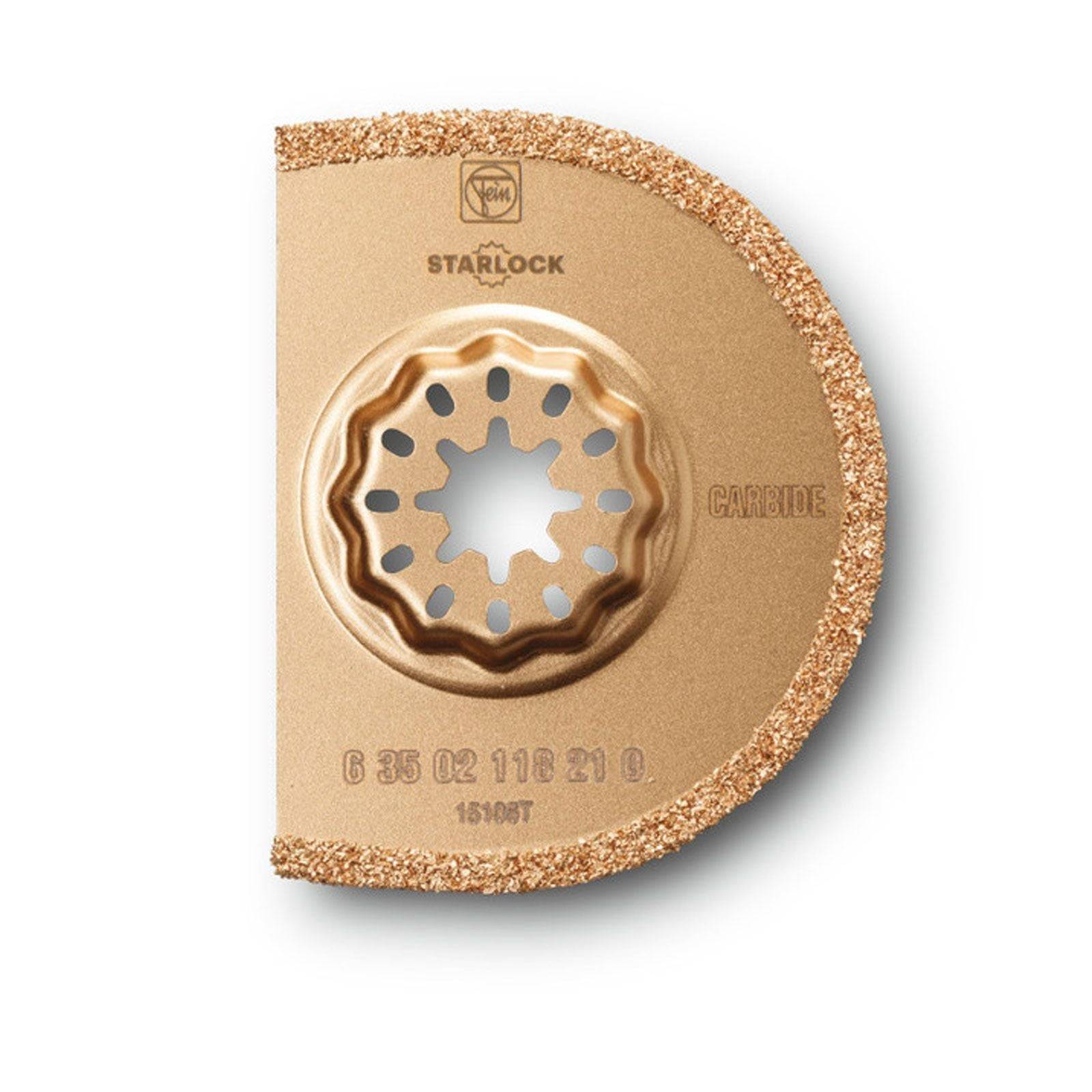 Starlock-Hartmetall-Sägeblatt für Präzisionsschnitte; mit goldener Oberfläche, gezahnter Kante und zentraler Befestigung, Modellnummer sichtbar.