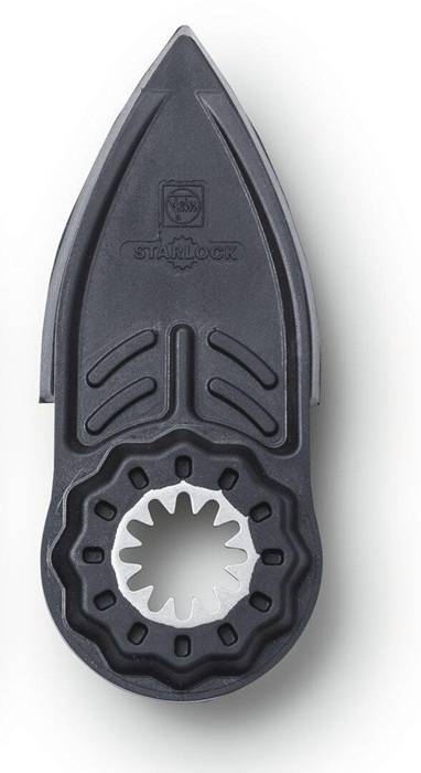Schwarze STARLOCK-Multitool-Klinge mit spitzem dreieckigem Körper und gezahntem kreisförmigem Befestigungsloch an der Basis.